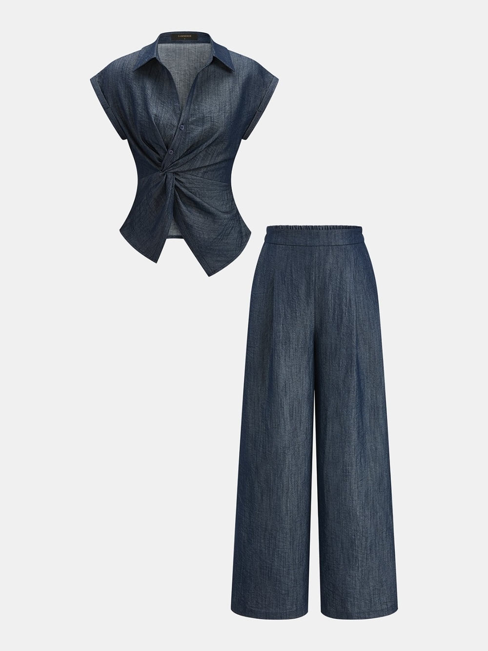 Commense Denim-Look Twist Top & Wide-Leg Pants Set - Navy Blue